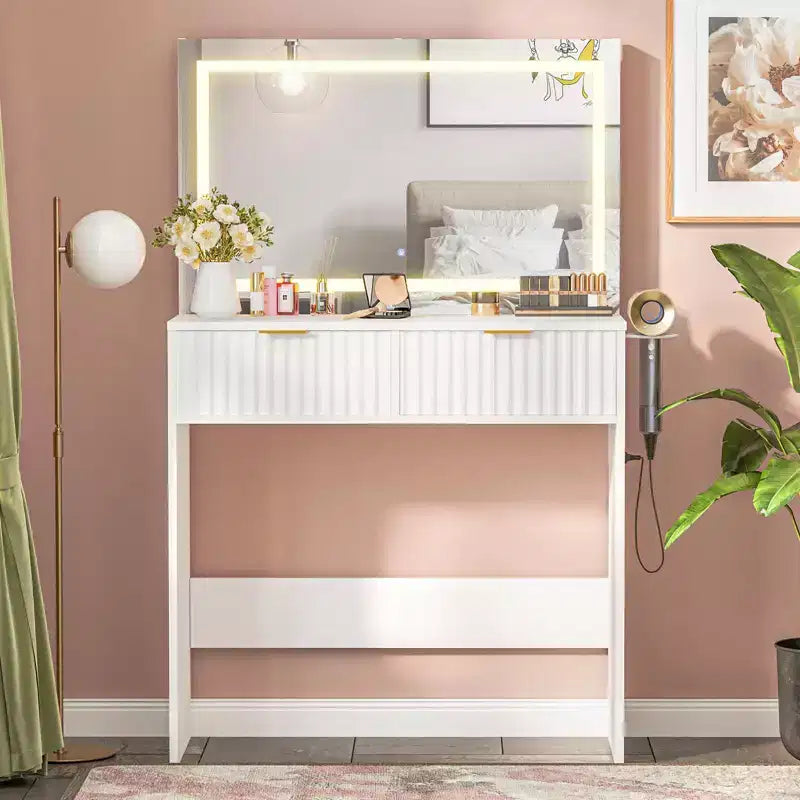 Coiffeuse de maquillage de 78,7 cm avec miroir et lumières réglables pour petit espace - Table de toilette avec 2 tiroirs pour chambre à coucher
