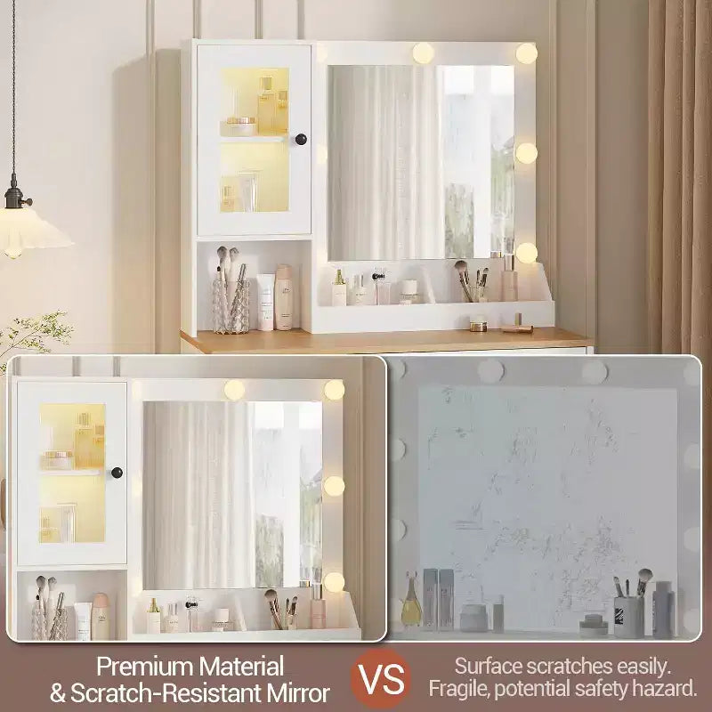 Coiffeuse de maquillage avec miroir, lumières LED réglables, station de recharge, tiroirs et armoires spacieux, plateau en MDF robuste, pieds en métal, parfaite pour la chambre à coucher