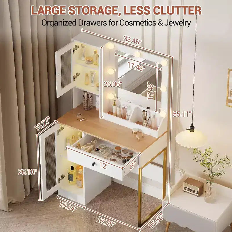 Coiffeuse de maquillage avec miroir, lumières LED réglables, station de recharge, tiroirs et armoires spacieux, plateau en MDF robuste, pieds en métal, parfaite pour la chambre à coucher