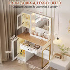 Coiffeuse de maquillage avec miroir, lumières LED réglables, station de recharge, tiroirs et armoires spacieux, plateau en MDF robuste, pieds en métal, parfaite pour la chambre à coucher