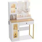 Coiffeuse de maquillage avec miroir, lumières LED réglables, station de recharge, tiroirs et armoires spacieux, plateau en MDF robuste, pieds en métal, parfaite pour la chambre à coucher