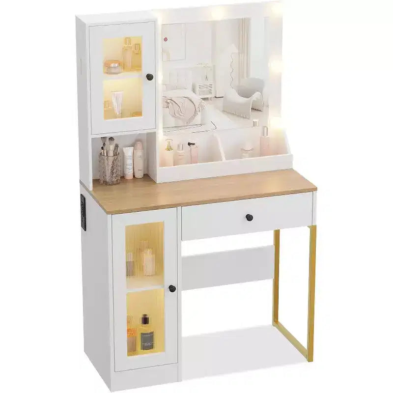 Coiffeuse de maquillage avec miroir, lumières LED réglables, station de recharge, tiroirs et armoires spacieux, plateau en MDF robuste, pieds en métal, parfaite pour la chambre à coucher