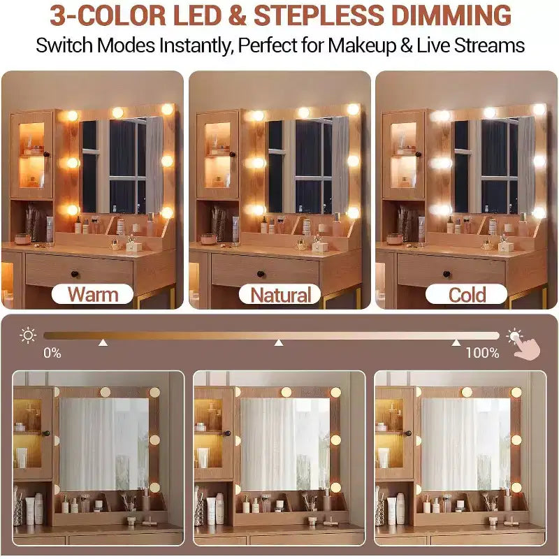 Coiffeuse de maquillage avec miroir, lumières LED réglables, station de recharge, tiroirs et armoires spacieux, plateau en MDF robuste, pieds en métal, parfaite pour la chambre à coucher