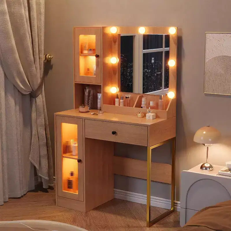 Coiffeuse de maquillage avec miroir, lumières LED réglables, station de recharge, tiroirs et armoires spacieux, plateau en MDF robuste, pieds en métal, parfaite pour la chambre à coucher