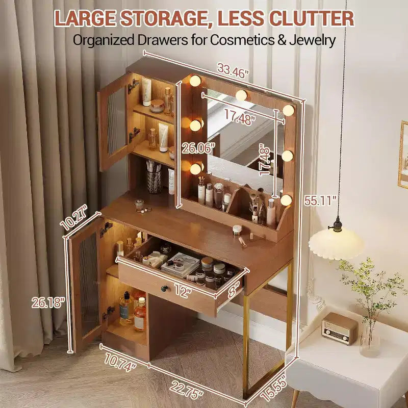 Coiffeuse de maquillage avec miroir, lumières LED réglables, station de recharge, tiroirs et armoires spacieux, plateau en MDF robuste, pieds en métal, parfaite pour la chambre à coucher