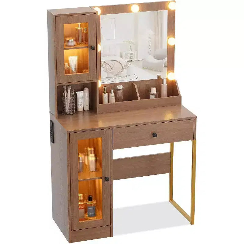 Coiffeuse de maquillage avec miroir, lumières LED réglables, station de recharge, tiroirs et armoires spacieux, plateau en MDF robuste, pieds en métal, parfaite pour la chambre à coucher