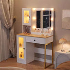 Coiffeuse de maquillage avec miroir, lumières LED réglables, station de recharge, tiroirs et armoires spacieux, plateau en MDF robuste, pieds en métal, parfaite pour la chambre à coucher