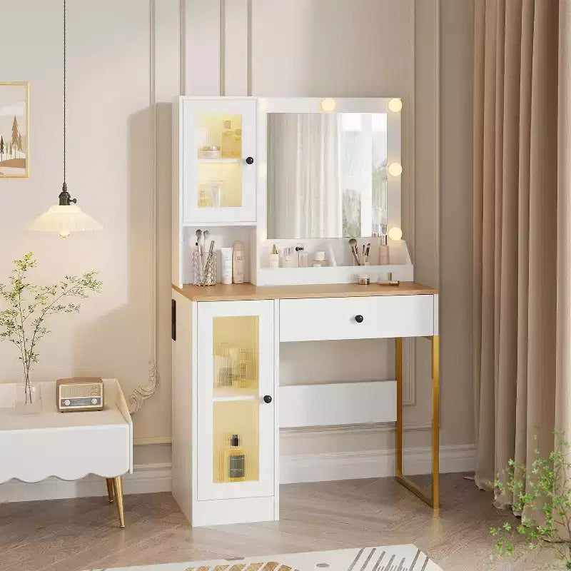 Coiffeuse de maquillage avec miroir, lumières LED réglables, station de recharge, tiroirs et armoires spacieux, plateau en MDF robuste, pieds en métal, parfaite pour la chambre à coucher