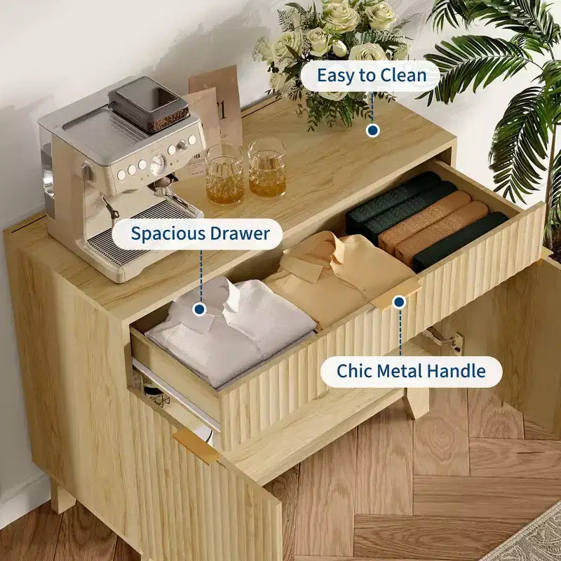 Buffet cannelé avec rangement, Buffet de salle à manger avec étagère réglable et tiroir pour salle à manger, salon, cuisine, entrée