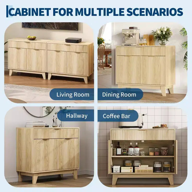 Buffet cannelé avec rangement, Buffet de salle à manger avec étagère réglable et tiroir pour salle à manger, salon, cuisine, entrée