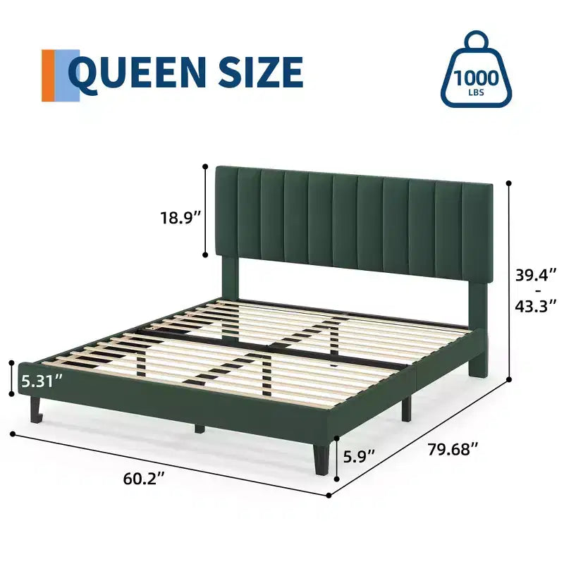 Cadre de lit Queen avec tête de lit capitonnée verticale ajustable, pas besoin de sommier tapissier, assemblage facile