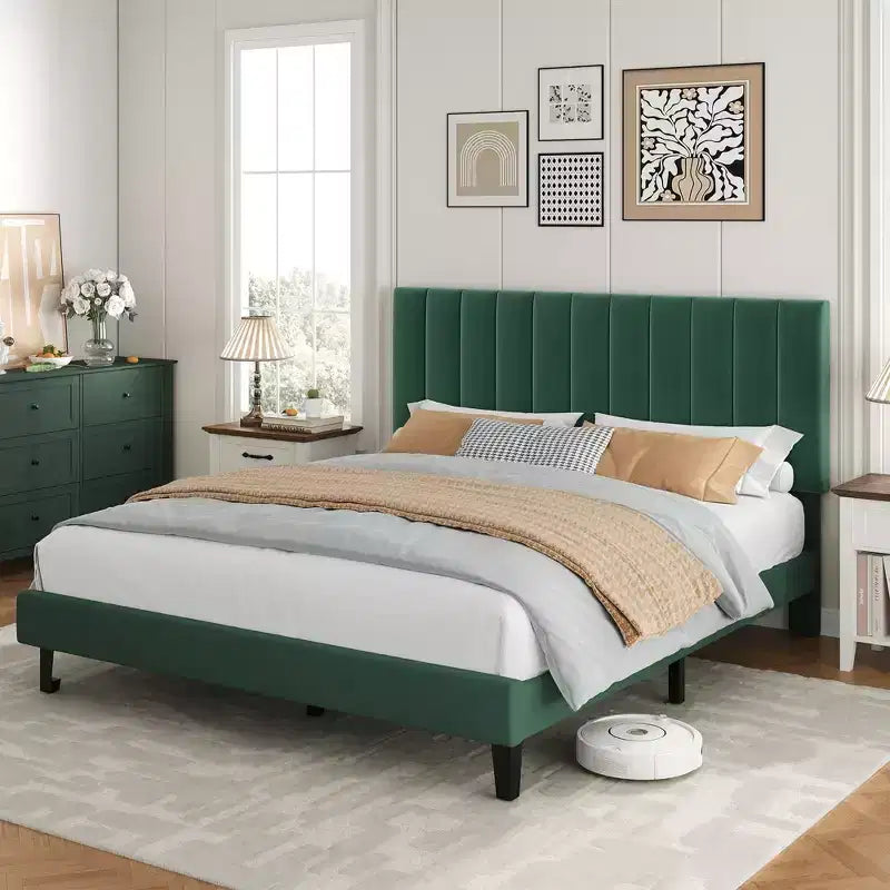 Cadre de lit Queen avec tête de lit capitonnée verticale ajustable, pas besoin de sommier tapissier, assemblage facile