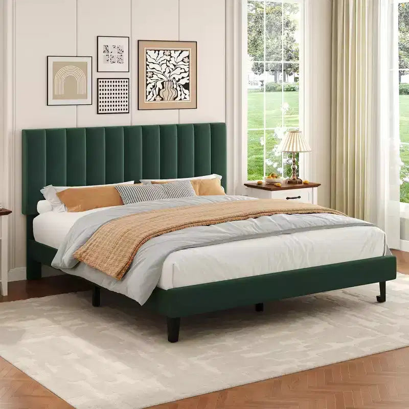 Cadre de lit Queen avec tête de lit capitonnée verticale ajustable, pas besoin de sommier tapissier, assemblage facile
