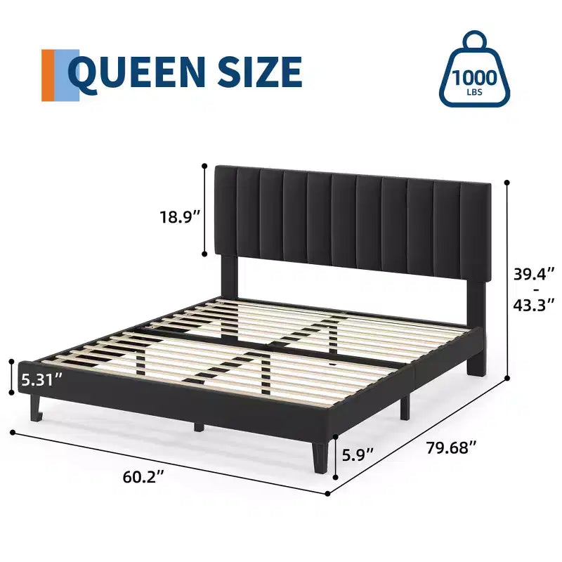 Cadre de lit Queen avec tête de lit capitonnée verticale ajustable, pas besoin de sommier tapissier, assemblage facile
