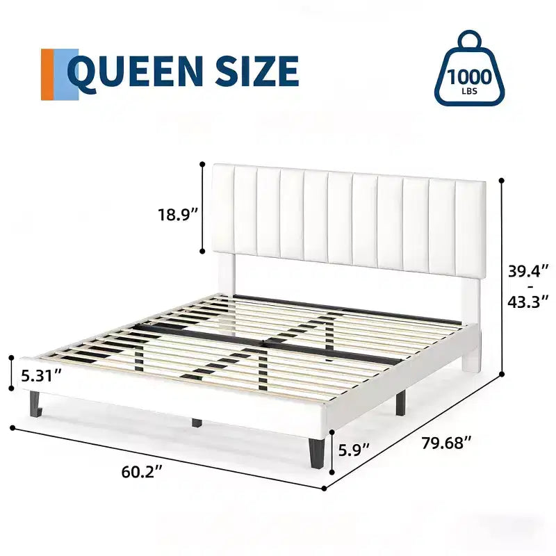 Cadre de lit Queen avec tête de lit capitonnée verticale ajustable, pas besoin de sommier tapissier, assemblage facile