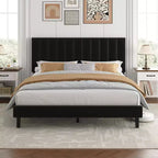 Queen Size Bed Frame with Adjustable Vertical Channel Tufted Headboard, No Box Spring Needed, Easy Assembly