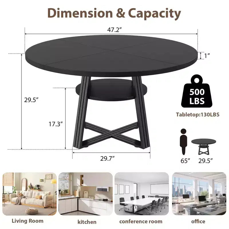 47,2 Table de cuisine de ferme avec rangement Table à manger ronde pour 4-6 personnes, Table de dîner circulaire polyvalente pour salle à manger, salon et bureau