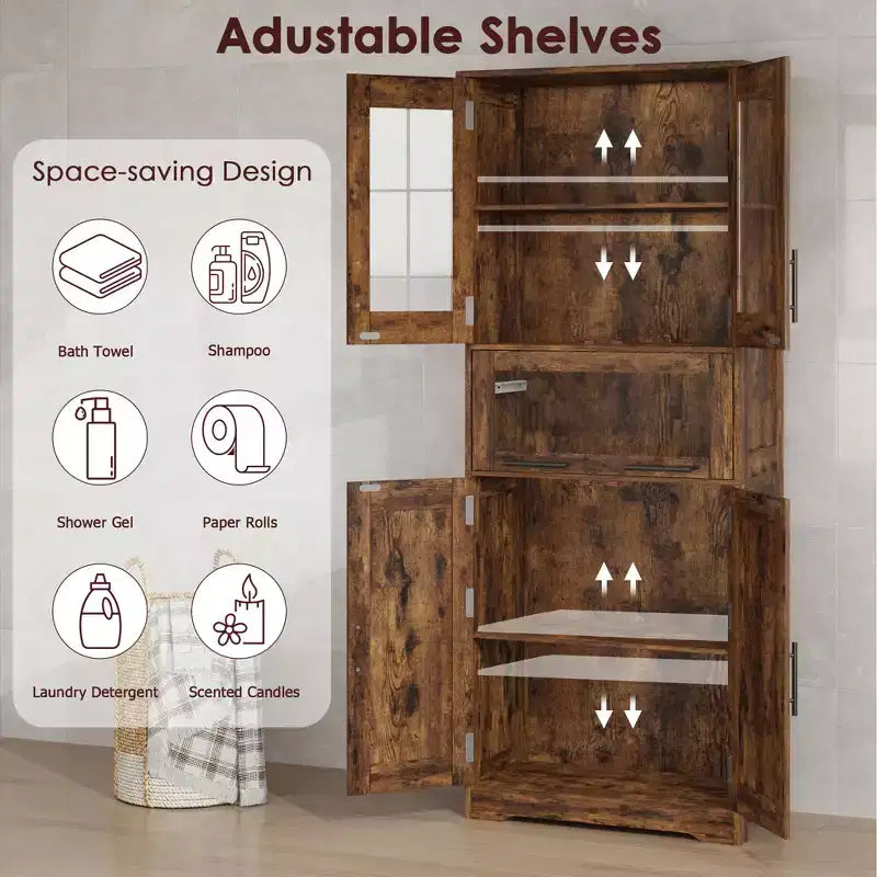 Meuble de salle de bain, Armoire de rangement mince de 67 cm de haut avec 2 portes et étagères réglables, Organisateur de serviettes pour cuisine, buanderie, salon