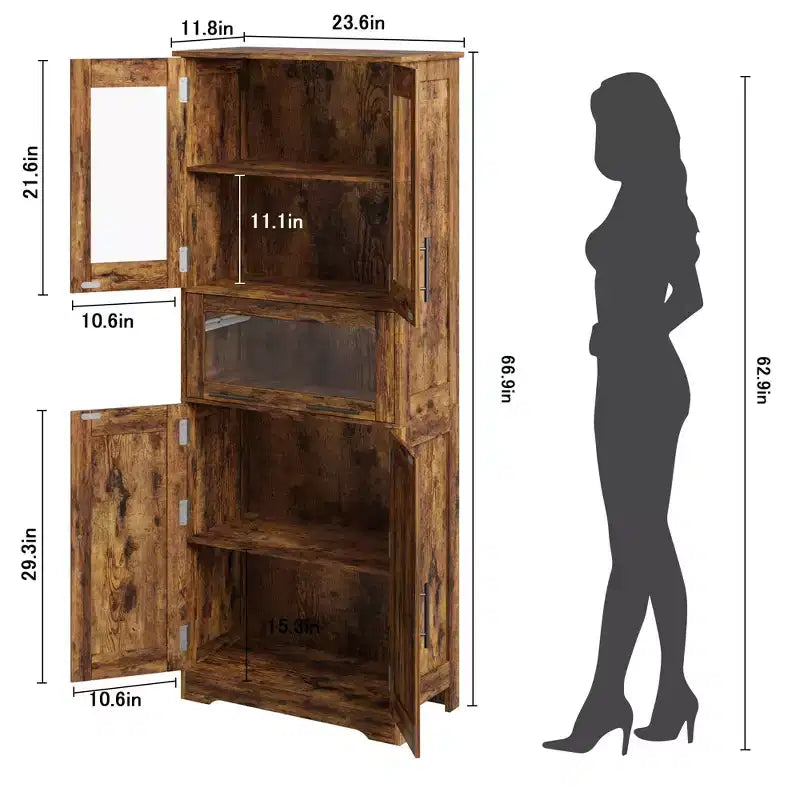 Meuble de salle de bain, Armoire de rangement mince de 67 cm de haut avec 2 portes et étagères réglables, Organisateur de serviettes pour cuisine, buanderie, salon