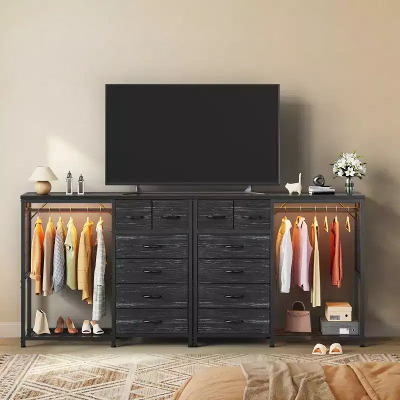 Commode de 125 cm de large avec penderie et 6 tiroirs en tissu pour chambre à coucher, commode et chiffonnier en tissu avec panneau quadrillé et 4 crochets, dessus en bois