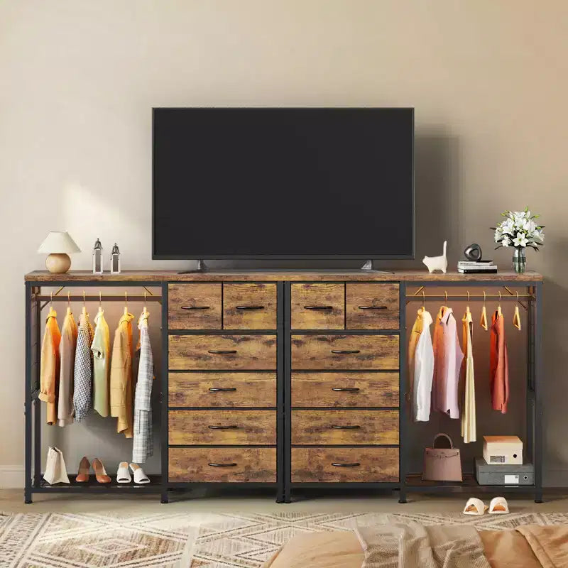 Commode de 125 cm de large avec penderie et 6 tiroirs en tissu pour chambre à coucher, commode et chiffonnier en tissu avec panneau quadrillé et 4 crochets, dessus en bois