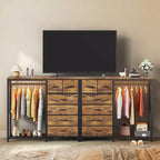 Commode de 125 cm de large avec penderie et 6 tiroirs en tissu pour chambre à coucher, commode et chiffonnier en tissu avec panneau quadrillé et 4 crochets, dessus en bois