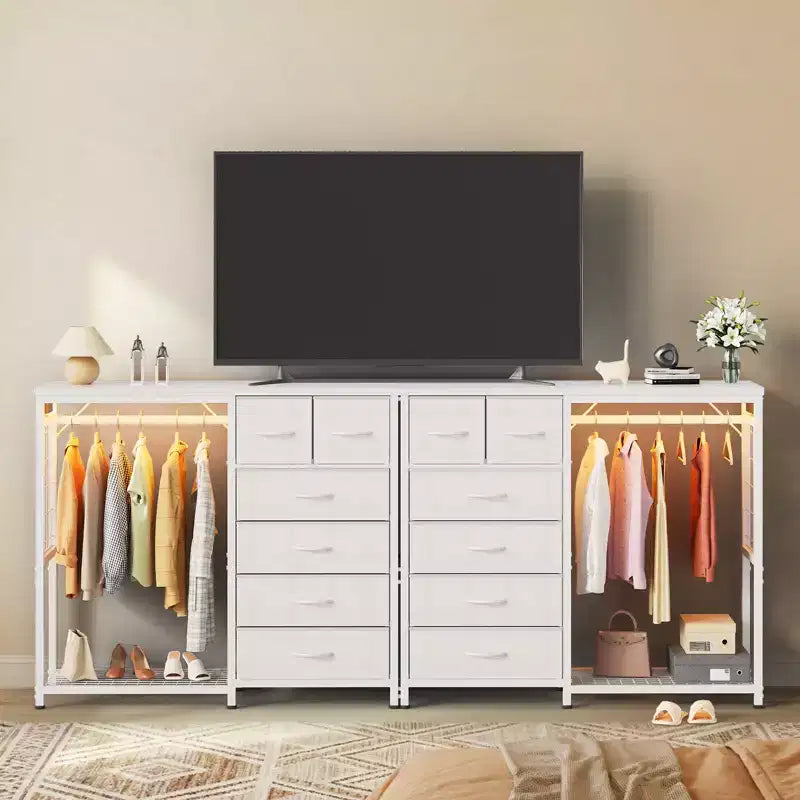 Commode de 125 cm de large avec penderie et 6 tiroirs en tissu pour chambre à coucher, commode et chiffonnier en tissu avec panneau quadrillé et 4 crochets, dessus en bois