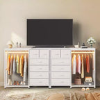 Commode de 125 cm de large avec penderie et 6 tiroirs en tissu pour chambre à coucher, commode et chiffonnier en tissu avec panneau quadrillé et 4 crochets, dessus en bois