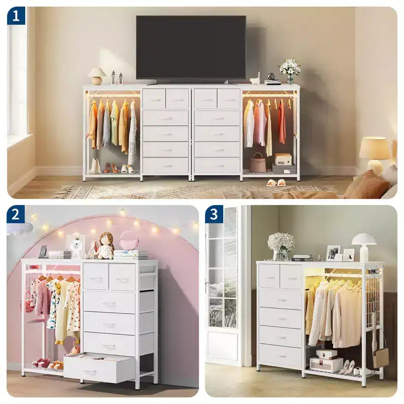 Commode de 125 cm de large avec penderie et 6 tiroirs en tissu pour chambre à coucher, commode et chiffonnier en tissu avec panneau quadrillé et 4 crochets, dessus en bois