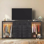 Commode de 125 cm de large avec penderie et 6 tiroirs en tissu pour chambre à coucher, commode et chiffonnier en tissu avec panneau quadrillé et 4 crochets, dessus en bois