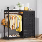 49.2 W Dresser with Hanging Rack & 6 Fabric Drawers for Bedroom, Fabric Dressers & Chest of Drawers with Grid Panel & 4 Hooks, Wooden Top
