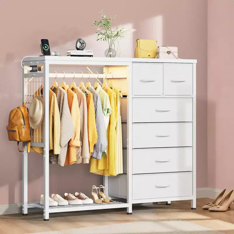 Commode de 125 cm de large avec penderie et 6 tiroirs en tissu pour chambre à coucher, commode et chiffonnier en tissu avec panneau quadrillé et 4 crochets, dessus en bois