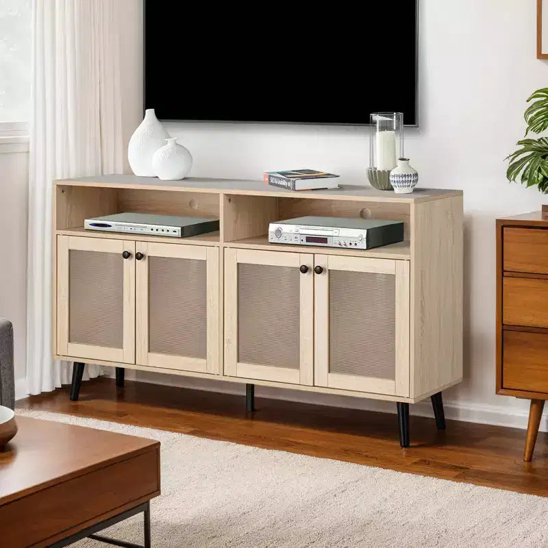 JVNOXK 56-inch mid-century modern TV stand, entertainment center with open shelving, tapered leg design, round knob cabinet doors, natural