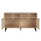 JVNOXK Meuble TV moderne du milieu du siècle de 56 pouces, centre de divertissement avec étagères ouvertes, pieds fuselés, portes d'armoire à boutons ronds, naturel