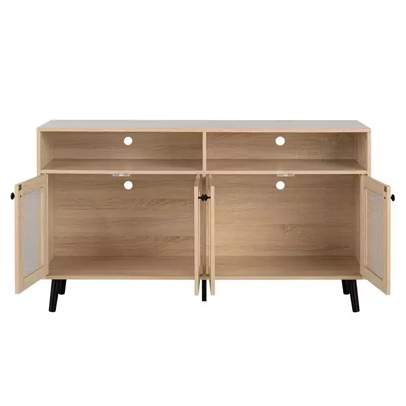 JVNOXK Meuble TV moderne du milieu du siècle de 56 pouces, centre de divertissement avec étagères ouvertes, pieds fuselés, portes d'armoire à boutons ronds, naturel