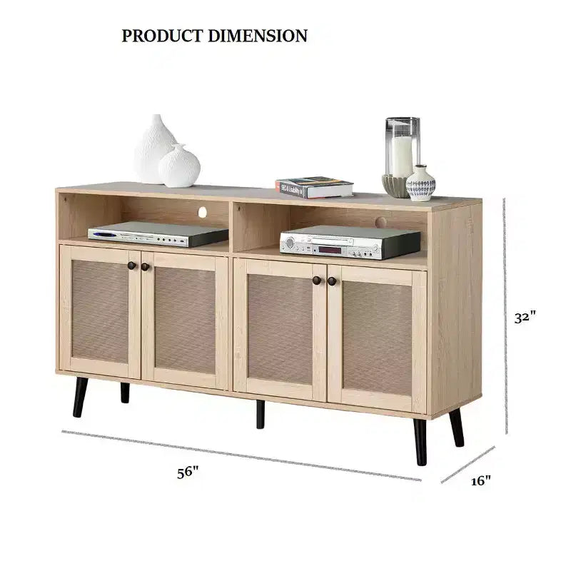 JVNOXK Meuble TV moderne du milieu du siècle de 56 pouces, centre de divertissement avec étagères ouvertes, pieds fuselés, portes d'armoire à boutons ronds, naturel