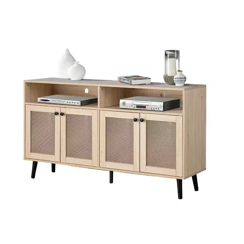 JVNOXK Meuble TV moderne du milieu du siècle de 56 pouces, centre de divertissement avec étagères ouvertes, pieds fuselés, portes d'armoire à boutons ronds, naturel