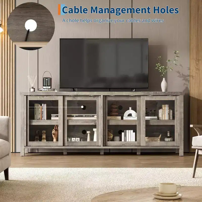 Meuble TV pour 65 pouces avec centre de divertissement - Meuble de rangement, 4 portes coulissantes en verre, console multimédia moderne du milieu du siècle, salon et chambre