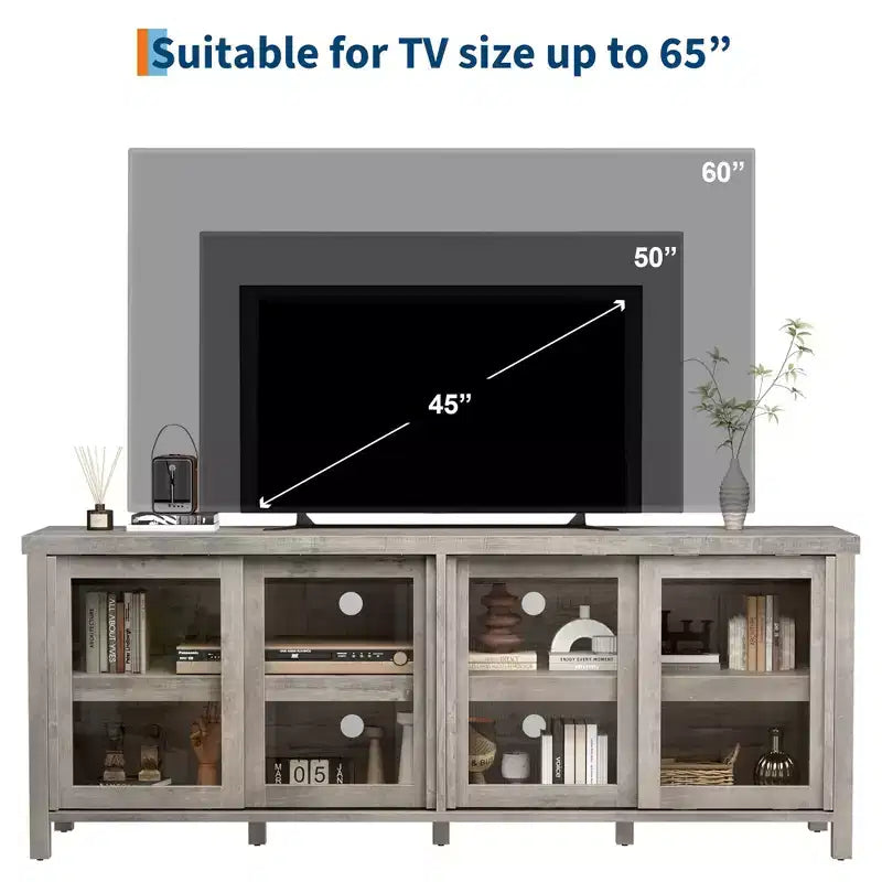 Meuble TV pour 65 pouces avec centre de divertissement - Meuble de rangement, 4 portes coulissantes en verre, console multimédia moderne du milieu du siècle, salon et chambre