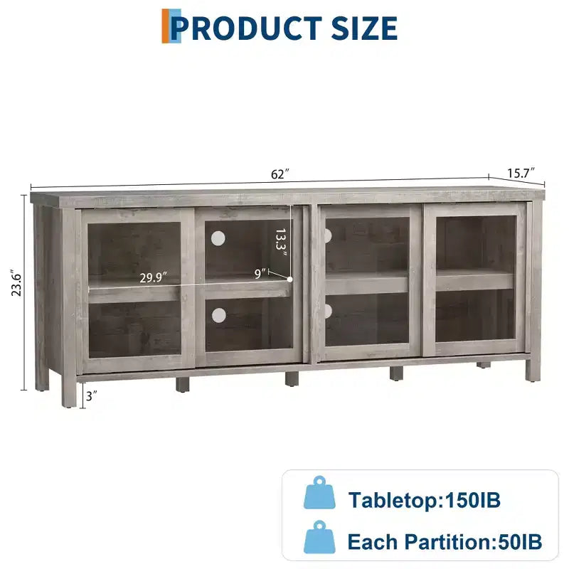 Meuble TV pour 65 pouces avec centre de divertissement - Meuble de rangement, 4 portes coulissantes en verre, console multimédia moderne du milieu du siècle, salon et chambre