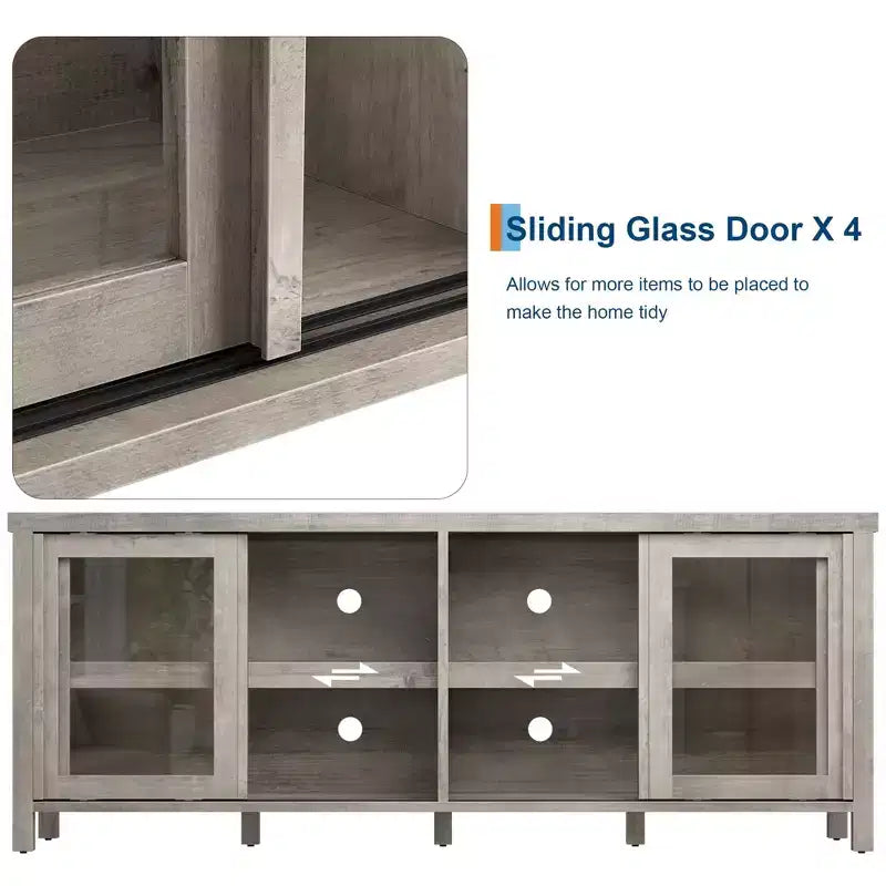 Meuble TV pour 65 pouces avec centre de divertissement - Meuble de rangement, 4 portes coulissantes en verre, console multimédia moderne du milieu du siècle, salon et chambre