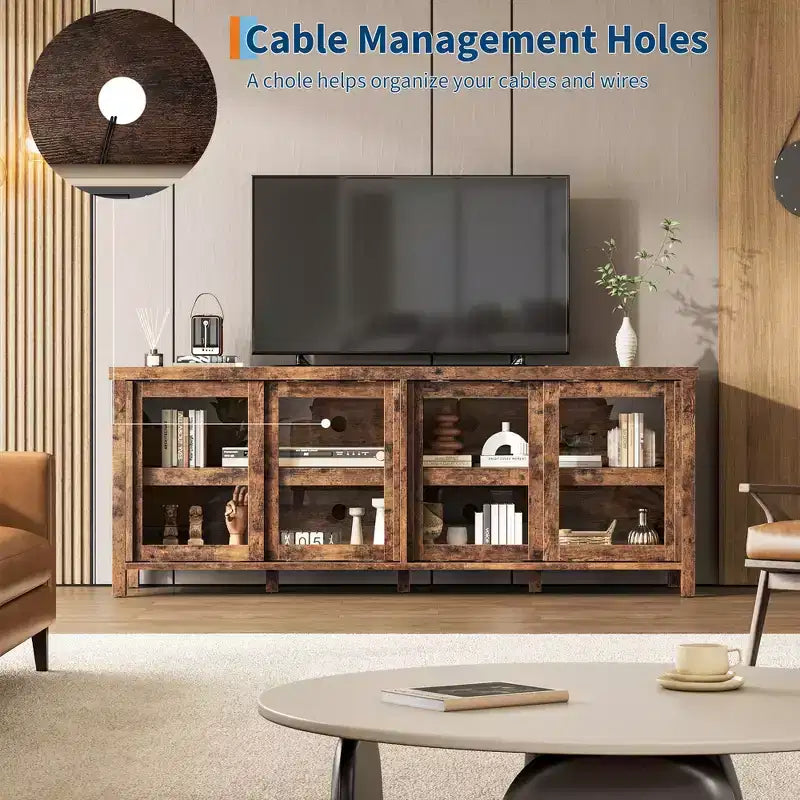 Meuble TV pour 65 pouces avec centre de divertissement - Meuble de rangement, 4 portes coulissantes en verre, console multimédia moderne du milieu du siècle, salon et chambre