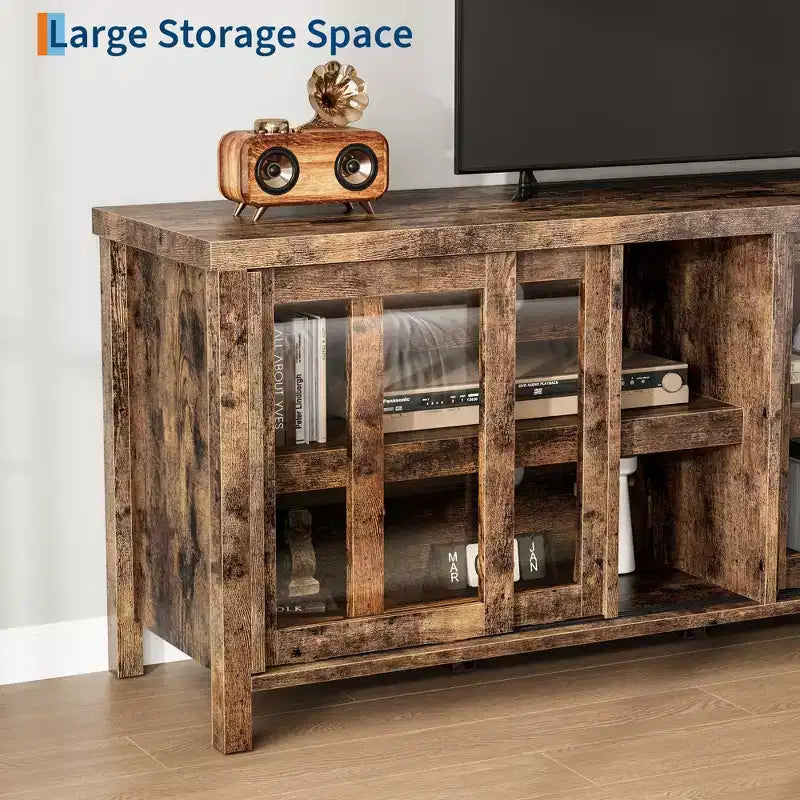 Meuble TV pour 65 pouces avec centre de divertissement - Meuble de rangement, 4 portes coulissantes en verre, console multimédia moderne du milieu du siècle, salon et chambre