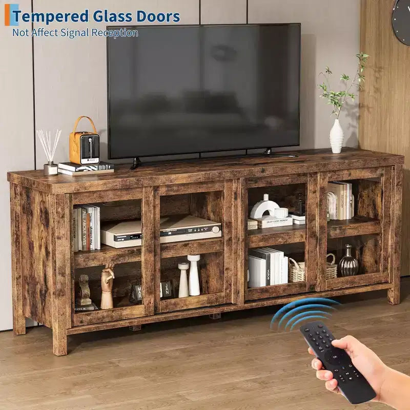 Meuble TV pour 65 pouces avec centre de divertissement - Meuble de rangement, 4 portes coulissantes en verre, console multimédia moderne du milieu du siècle, salon et chambre