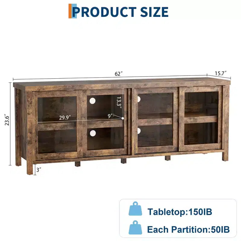 Meuble TV pour 65 pouces avec centre de divertissement - Meuble de rangement, 4 portes coulissantes en verre, console multimédia moderne du milieu du siècle, salon et chambre