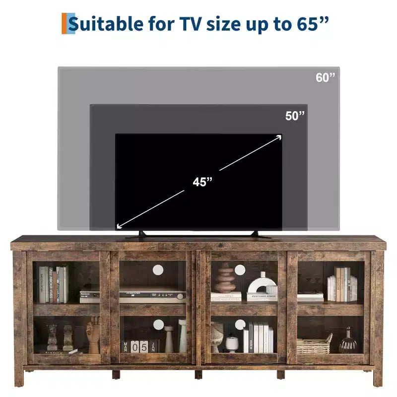 Meuble TV pour 65 pouces avec centre de divertissement - Meuble de rangement, 4 portes coulissantes en verre, console multimédia moderne du milieu du siècle, salon et chambre