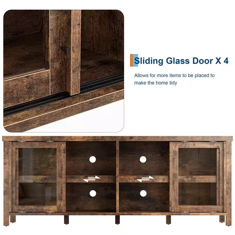 Meuble TV pour 65 pouces avec centre de divertissement - Meuble de rangement, 4 portes coulissantes en verre, console multimédia moderne du milieu du siècle, salon et chambre