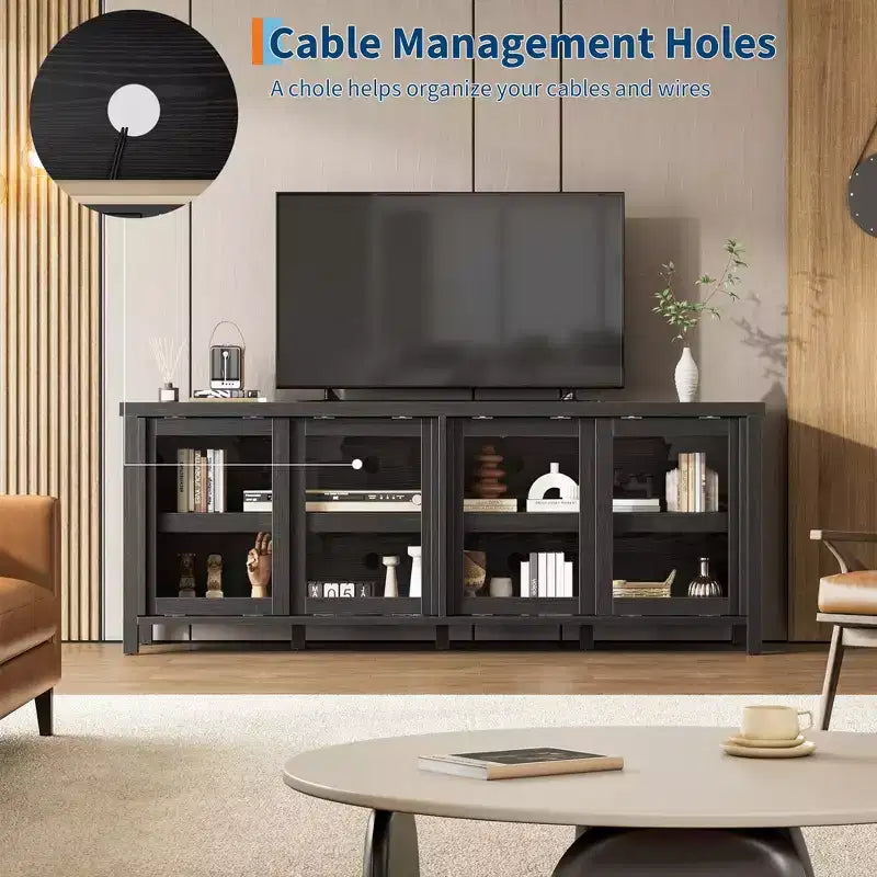 Meuble TV pour 65 pouces avec centre de divertissement - Meuble de rangement, 4 portes coulissantes en verre, console multimédia moderne du milieu du siècle, salon et chambre