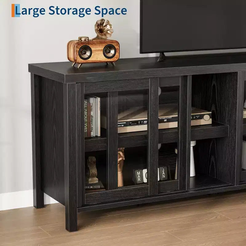 Meuble TV pour 65 pouces avec centre de divertissement - Meuble de rangement, 4 portes coulissantes en verre, console multimédia moderne du milieu du siècle, salon et chambre