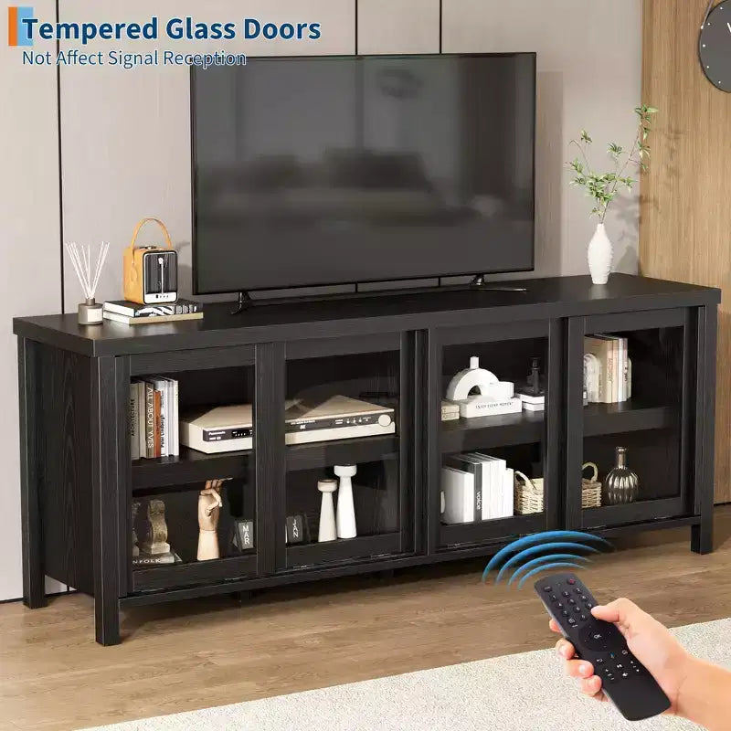 Meuble TV pour 65 pouces avec centre de divertissement - Meuble de rangement, 4 portes coulissantes en verre, console multimédia moderne du milieu du siècle, salon et chambre